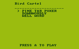 A Game Boy album cart's menu screen, listing three tracks